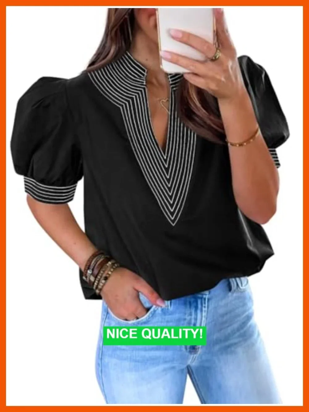 Puff Sleeve Blouse V Neck Contrast Stitch Tops Loose Fit Shirt Summer Casual - Picture 1 of 5